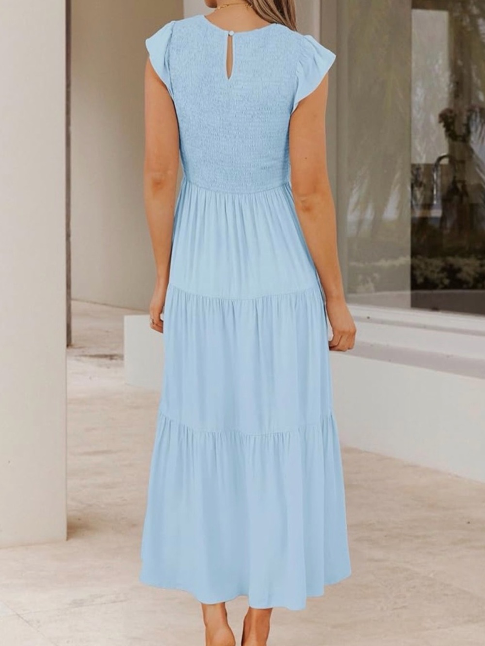 Light Blue Smocked Tiered Modest Maxi Dress - Picture 2 of 6